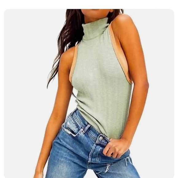 FreePeople Marley Sleeveless Ribbed Mock Top-Khaki Green-Orange -SzM-NWOT✌️​ - Picture 4 of 11